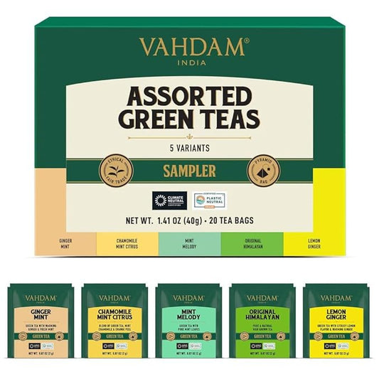 VAHDAM, Assorted Green Tea Bags Sampler (5 Flavors, 20 Ecofriendly Pyramid Tea bags) I Valentines Day Gifts for Him & Her | Himalayan Green Tea Varieties | Gluten Free & Non GMO