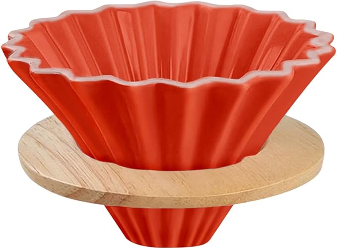 Ceramic Coffee Dripper with Wood Cup Stand Pour Over Coffee Maker Elegant Flower-shape V60 Strainer for 1-2 Cups Slow Brewing Accessories for Home Coffee Shops Restaurants Red
