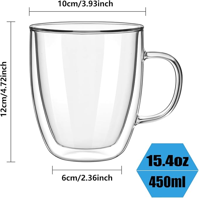 Double Wall Glass Coffee Mugs 450ml / 15oz – Set of 2 Insulated Clear Cups for Espresso, Latte, Cappuccino, Tea, Hot or Cold Drinks (15oz set of 2)