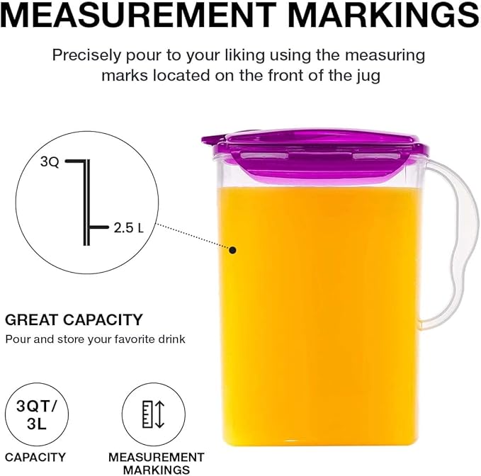 LocknLock HAP607P Aqua Fridge Door Water Jug with Handle, BPA-Free Plastic Pitcher with Flip-Top Lid and Easy-Pour Spout for Water, Juice, Tea, and Other Drinks, 3-Quart, Purple