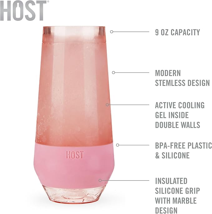 HOST Champagne Freeze Double-Walled Stemless Wine Glasses Freezer Cooling Cups with Active Cooling Gel and Insulated Silicone Grip, 9 Oz Plastic Tumblers, Blush Tint, Set of 2