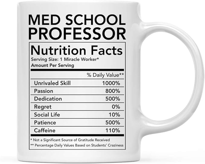Andaz Press Funny 11oz. Ceramic Coffee Tea Mug Thank You Gift, Med School Professor Nutritional Facts, 1-Pack, Novelty Gag Birthday Christmas Gift Ideas Coworker
