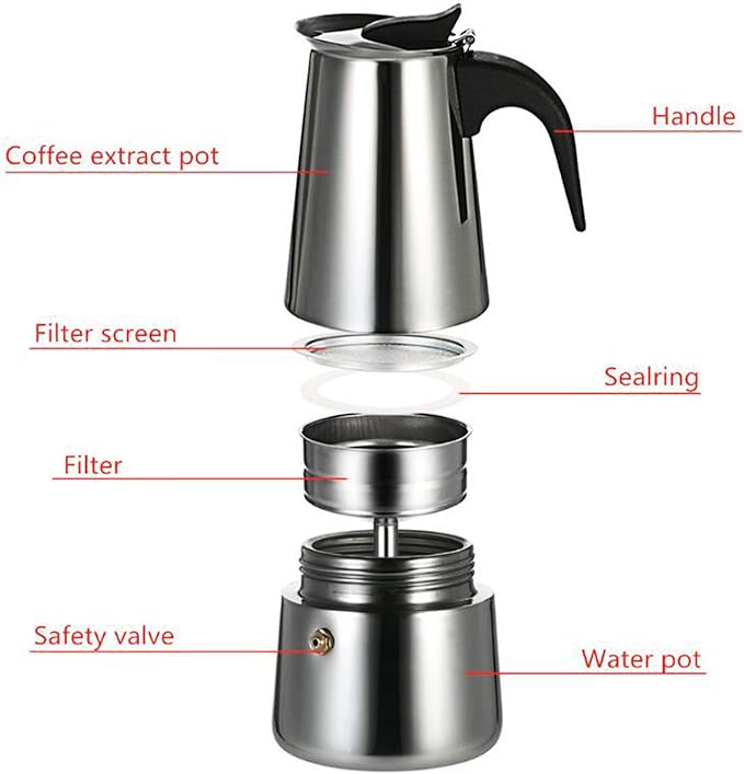 Stovetop Espresso Maker, Stainless Steel Moka Pot Coffee Pot Mocha Greca Machine Maker Multifunctional Moka Pot for Home and Camping (6 Cup)
