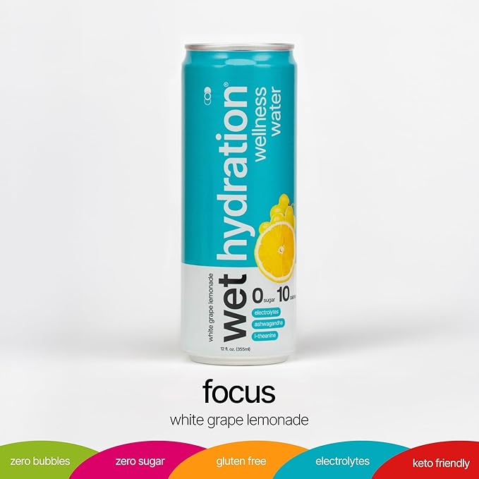 Wet Hydration Wellness Water | Electrolyte Drink with Ashwagandha & L-Theanine – White Grape Lemonade (12oz Cans, Pack of 12) | Zero Sugar, 10 Calories, Zero Bubbles, Functional Hydration