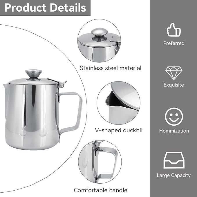 Milk Frother Cup with Lid, 350ML Milk Frothing Pitcher Milk Steamer Cup Latte Art Pitcher Stainless Steel Jug Coffee Creamer Container Creamer Dispenser with Lid for Latte Coffee Art