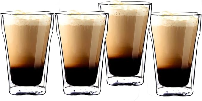 M&N HOME Double Wall Insulated Glass Tumbler Drink Glass, 13.5 Oz Highball Glass Cups for Beer, Lemonade, Iced Tea, Tropical Drink. Cocktail, Smoothie, Mojito - Set of Four