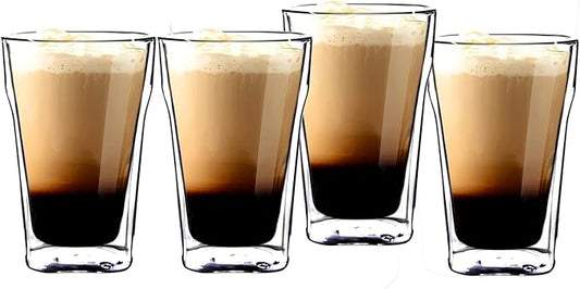 M&N HOME Double Wall Insulated Glass Tumbler Drink Glass, 13.5 Oz Highball Glass Cups for Beer, Lemonade, Iced Tea, Tropical Drink. Cocktail, Smoothie, Mojito - Set of Four