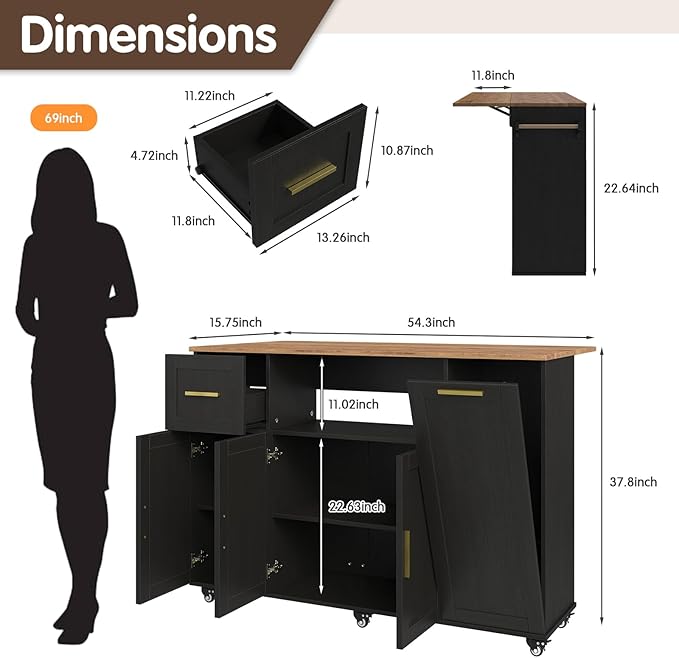 59 inch Large Mobile Kitchen Island Cart with Drop Leaf,Island Cart with 2 Cabinets,Drawer,Extra Counter Space&Trash Bin Storage,Rolling Portable Prep Table for Kitchen,Black