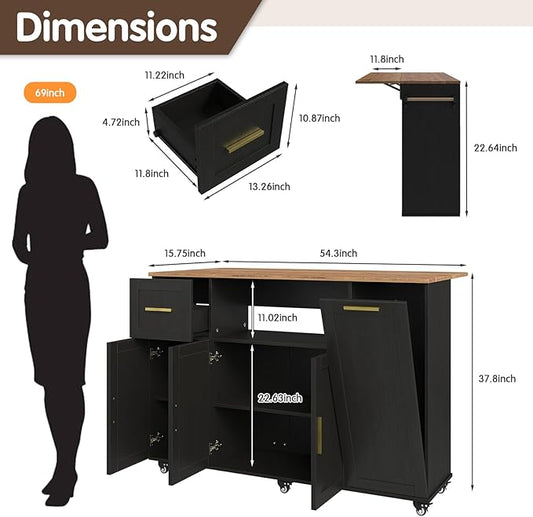 59 inch Large Mobile Kitchen Island Cart with Drop Leaf,Island Cart with 2 Cabinets,Drawer,Extra Counter Space&Trash Bin Storage,Rolling Portable Prep Table for Kitchen,Black
