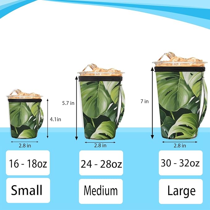Tropic Palm Leaves Reusable Insulator Coffee Sleeves for Drinks Beverages,Tropical Plants Neoprene Holder with Handle for Most Coffee or Ice Drink, 30-32oz