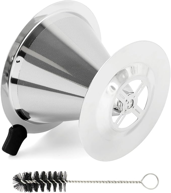 Pour Over Coffee Dripper, Stainless Steel Cone Coffee Filter with Base, Dual-Layer Fine Mesh Coffe Filter, Paperless Reusable Cone Coffee' Maker Dripper with Cleaning Brush(SIZE:M)