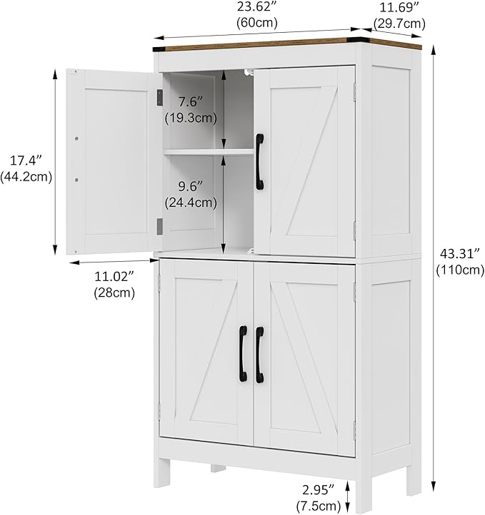 Bathroom Floor Storage Cabinet,Modern Bathroom Cabinet,Adjustable Shelves Freestanding Kitchen Pantry Bathroom Organizers and Storage,4 Doors(23.63L x 11.8W x 43.3H inch)