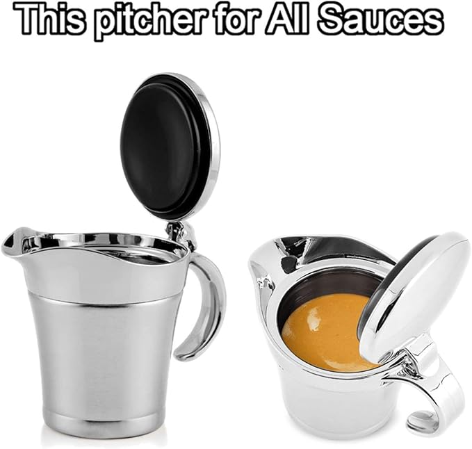 Gravy Boats, Gravy Warmer, Double Wall Stainless Steel Make, Creamer Pitcher and Caramel Sauce for Coffee, 16 oz Stainless Steel Pitcher (16 oz)