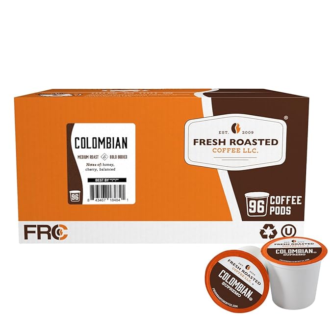 Fresh Roasted Coffee, 100% Colombian, Medium Roast, 96 Pods for K Cup Brewers