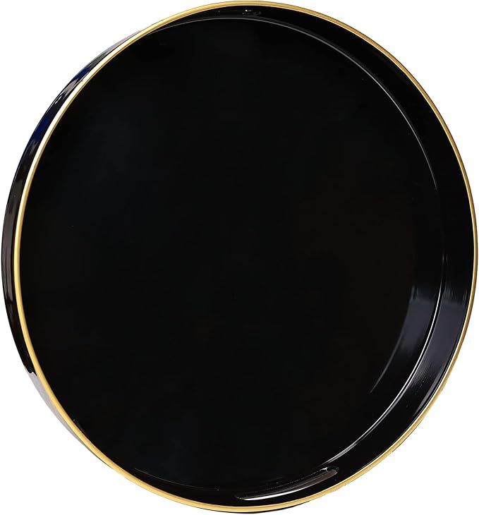 Spsyrine Round Black Decorative Tray, 13" Plastic Serving Table Tray with Handles for Ottoman, Coffee Table, Bathroom, Kitchen, Living Room
