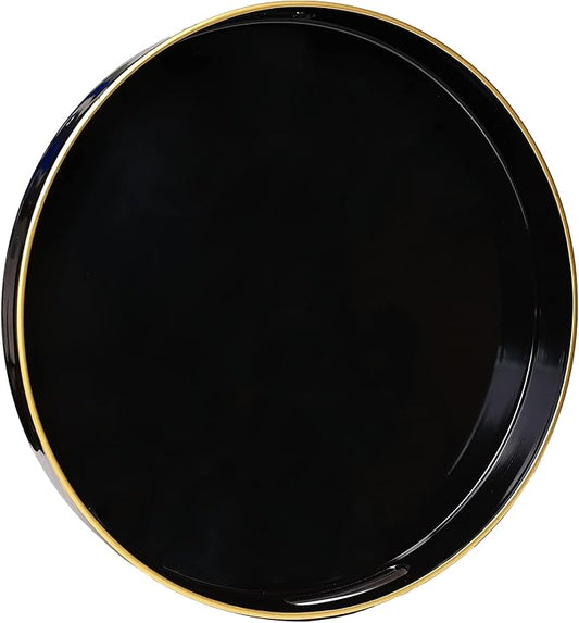 Spsyrine Round Black Decorative Tray, 13" Plastic Serving Table Tray with Handles for Ottoman, Coffee Table, Bathroom, Kitchen, Living Room