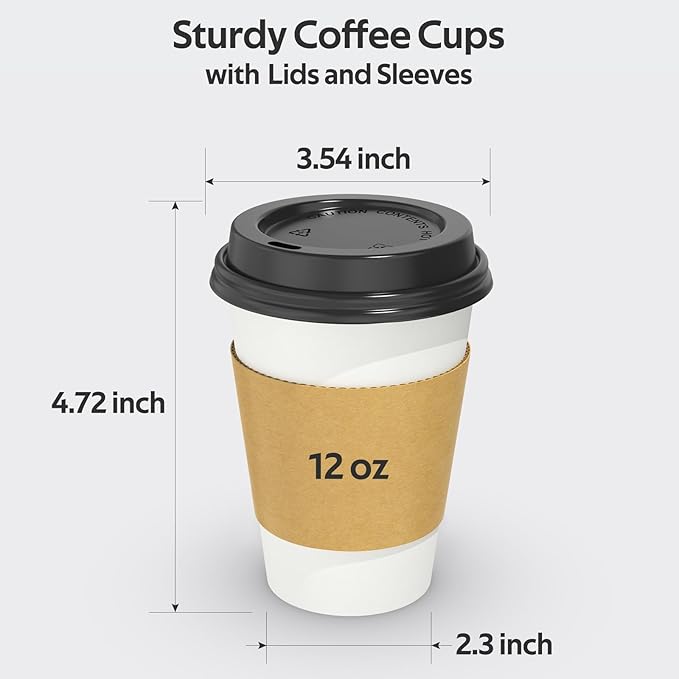 Dealusy 100 Pack 12 oz Disposable Coffee Cups with Lids and Sleeves, Sturdy Thick Paper & Leak-free Insulated to Go Paper Hot Coffee Cups with Sip Lids for Hot & Cold Beverage | with Lids, and Sleeves, Sturdy, Leak-free, Insulated, to Go Coffee Cups