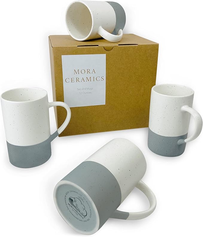 MORA Ceramics 12oz Coffee Mug Set of 4 - Ceramic Tea Cups with Handle - Microwave and Dishwasher Safe, Perfect For Cup or Mug Lovers - Rustic Matte Glaze, Modern Design Mugs - Flint