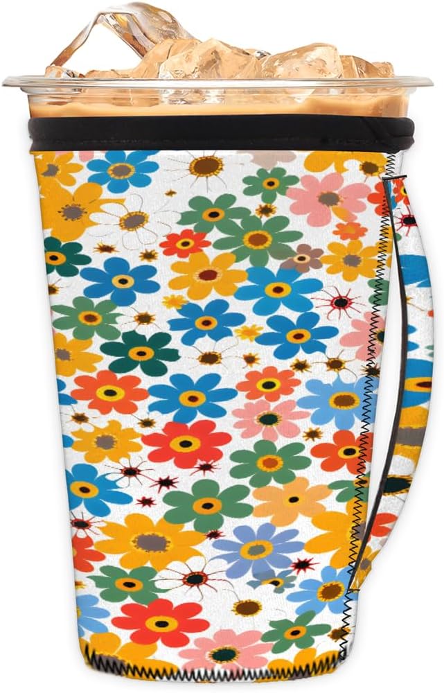 Reusable Iced Coffee Cup Sleeve Colorful Blooming Flowers Neoprene Insulated Sleeves Cup Holder with handle Idea for 24oz - 28oz