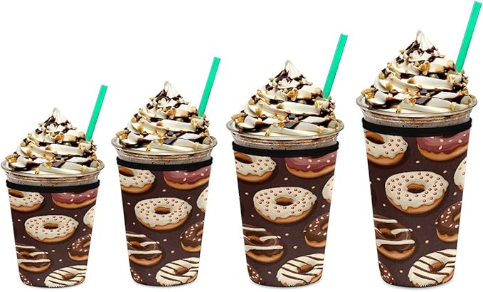 Food Donuts Pattern Iced Coffee Sleeve for Cold Drink Cups, Reusable Neoprene Insulated Drink Sleeves Cup Cover for Beverages, Fits 32 oz