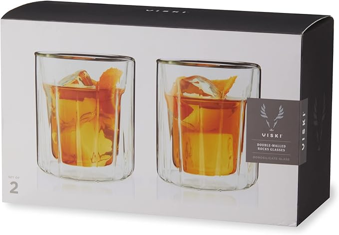 Viski Double Walled Rocks Glasses - Insulated Whiskey Tumblers with Cut Crystal Design - Dishwasher Safe 10.5oz Set of 2