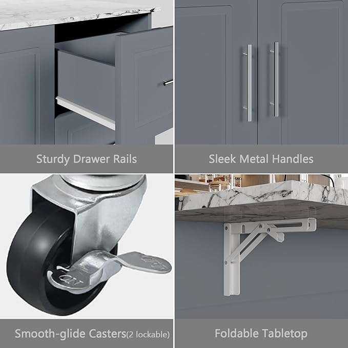 4 EVER WINNER Kitchen Island on Wheels with Storage and Drop Leaf, Marble Tabletop, 43" Kitchen Island Cart with Towel Rack & Spice Rack, Rolling Islands cart for Kitchen, Gray