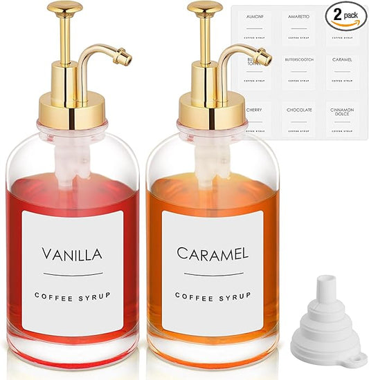 2 Pack 16.9 Oz Coffee Syrup Dispenser for Coffee Bar, 500ml Syrup Pump Dispenser, Glass Syrup Bottle w. Gold Upgraded Pump and 36 Labels, Coffee Bar Accessories Syrup Bottle