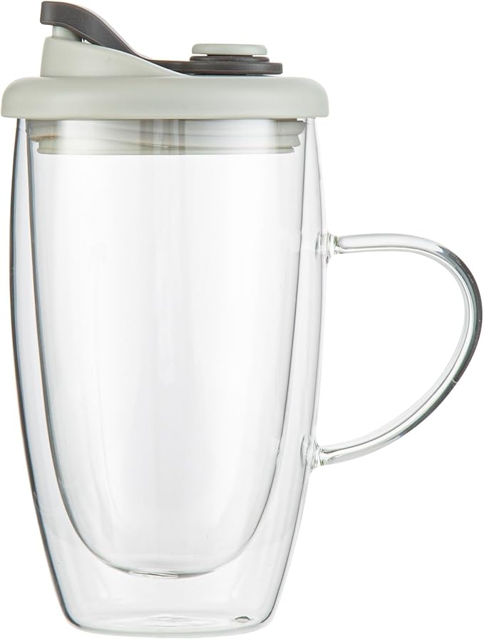 Restaurantware Glass Travel Mug 1 Count 15 Ounce Double Wall Borosilicate Reusable Coffee Cup, Spill-Resistant Gray Silicone Lid, Clear Drinkware Mug for Hot and Cold Beverages