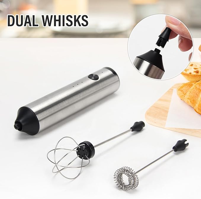 Madrigal Rechargeable Milk Frother with Stand, Dual 304 Stainless Steel Whisks, USB-C Mini Mixer for Drinks, Cappuccino & Hot Chocolate, 3-Speed Handheld Drink Mixer for Lattes