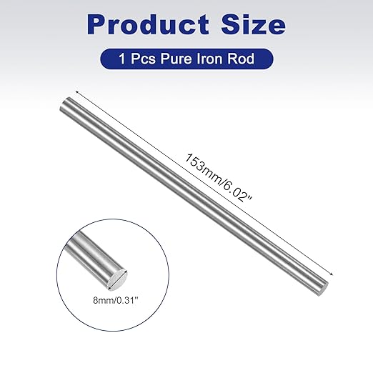 PATIKIL Pure Iron Bar, 0.31" Diameter 6.02" Length Iron String Rod Steel Stick DIY Craft Supplies for Crafting Science Lab Testing