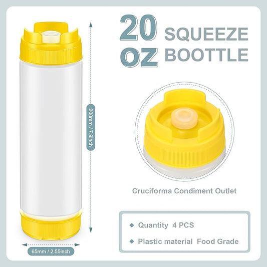 Didaey 4 Pcs Squeeze Bottles Refillable 20 oz, Inverted Plastic Tip Large Valve Dispenser Condiment Squeeze Bottle for Sauces Ketchup Sour Cream Self Sealing Syrup Dispenser for Restaurants (Yellow)