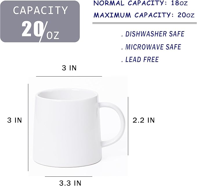 Mkour 20oz Large Ceramic Coffee Mugs, Handmade Cup, Big Tea Cups with Large Handle for Office and Home, Microwave and Dishwasher Safe (White)