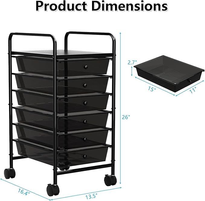 Rolling Cart with Drawers, 6-Tier Rolling Storage Cart with Drawers, Rolling Utility Cart with 6 Drawers with 2 Lockable Caster Wheels for Office Bathroom Kitchen, Transparent Black