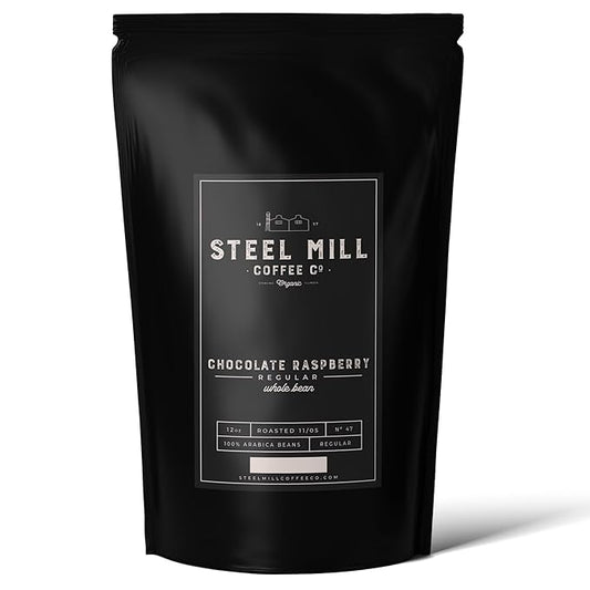 Steel Mill Coffee Co. Chocolate Raspberry Flavored Ground Coffee – 2lb Bag – Medium Roast – 100% Arabica Beans – Vegan, Gluten-Free, Sugar-Free – Colombian Origin