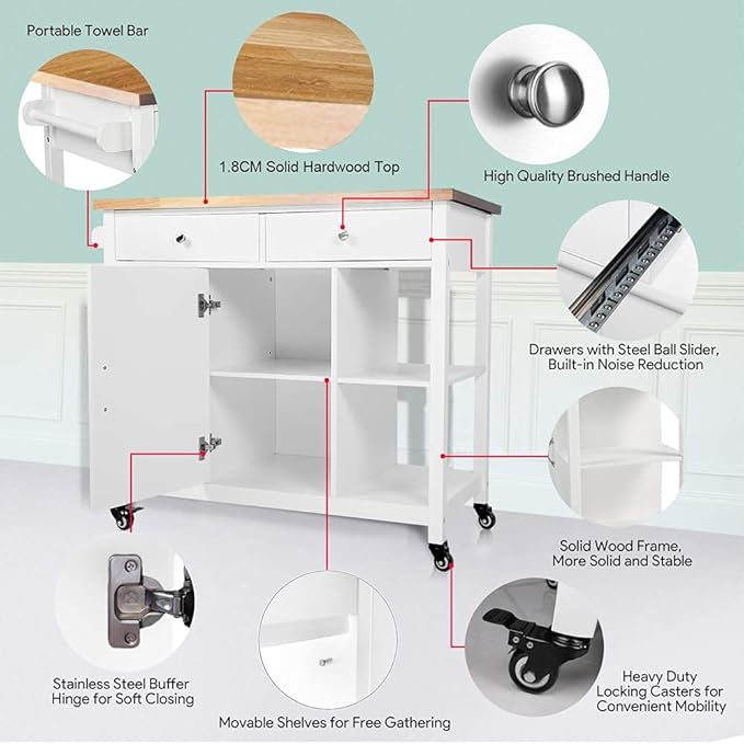 ChooChoo Kitchen Cart on Wheels with Wood Top, Utility Wood Kitchen Islands with Storage and Drawers, Easy Assembly - White