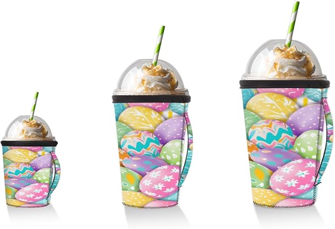 Easter Colorful Eggs Reusable Coffee Sleeves Iced Coffee Cozy Insulator, Neoprene Holder with Handle for Cold Coffee or Ice Drink, Small 16-18oz