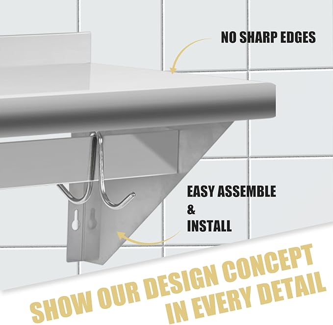Hally Stainless Steel Shelf with 4 Hooks 18" x 24" Wall Mounted Pot Rack 300lb, NSF Commercial Floating Shelving for Storage Hanging Pots, Pans, cookware in Restaurant, Kitchen, Home and Hotel