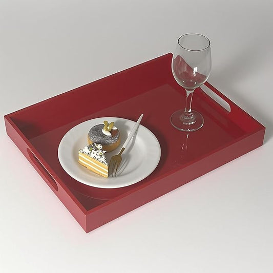 Sturdy 16" Acrylic Serving Tray with Handles - Ottoman Coffee Table Organizer for Food, Tea, Snacks, Vanity & Kitchen Countertop - Multi-Use for Bathroom, Living Room, Bar Parties (red)