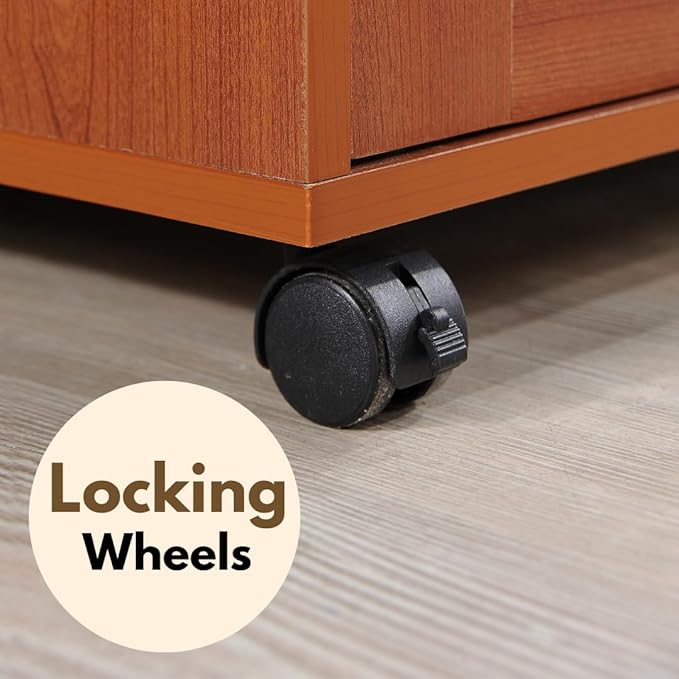 Hodedah Rolling Wood Kitchen Island Cart with Spice Rack, Towel Rack, Utensil Drawer plus Cabinet, White with Beech Top