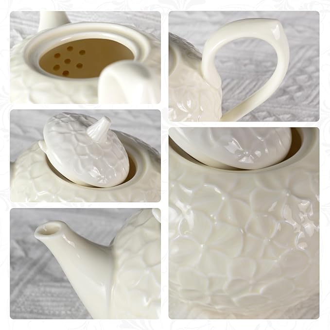 KAMMAK Teapot with Handle, Vintage Porcelain Tea Pot with Gold Trim, Blooming & Loose Leaf Teapot, Festive Holiday Serveware, Gifts for Women, Creamy White - 28 oz