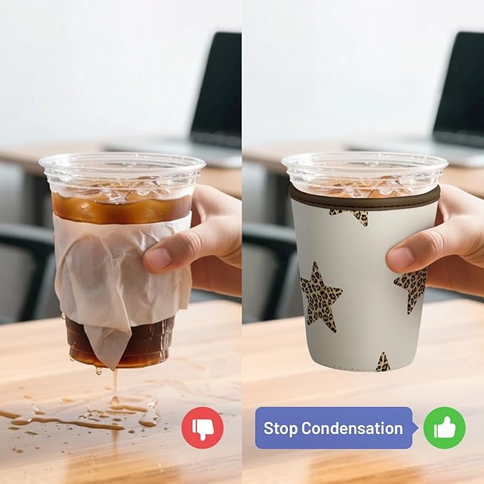 Iced Coffee Sleeve Reusable Cup Sleeves for Cold Drinks Neoprene Koozie Cozy Plastic Cup Covers for Drinks, Stars Leopard