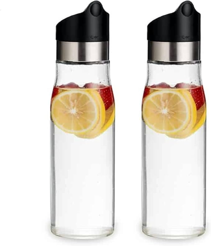 J&M DESIGN 2-Pack 28 OZ Glass Pitcher With Lid Water Carafe Easy Twist Stainless Steel & Plastic Lid w/Removeable Strainer Juice Beverage Iced Tea Ice Coffee Milk Dishwasher Safe Container Bottle Jar