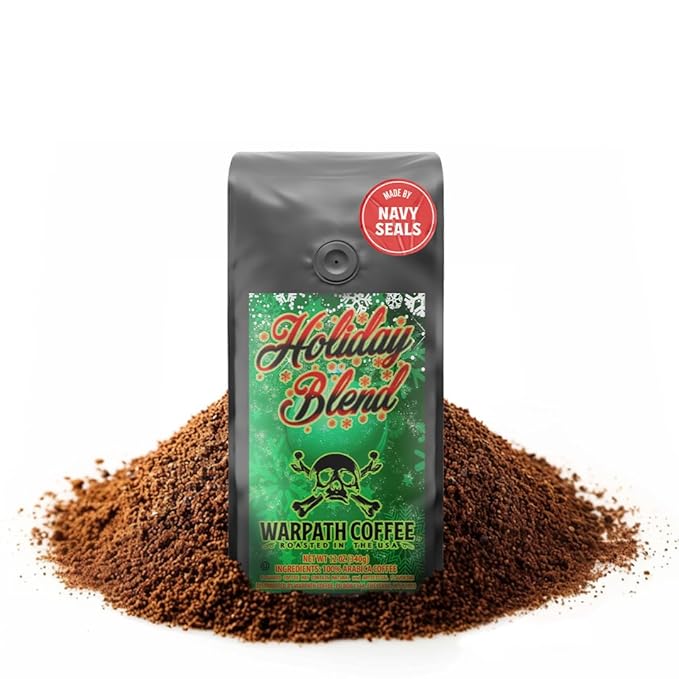 Warpath Coffee Light Roast Ground Coffee, Holiday Blend, High Caffeine, Extra Strong Roasted 100% Arabica Ground Holiday Blend Coffee, Rich Aroma, Full-Bodied Intense Cup, Created by Navy SEALs, 12oz