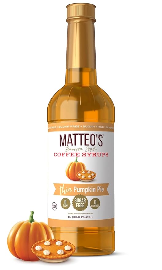 Matteo's Pumpkin Pie Syrup for Coffee, Lattes, Cappuccinos & Desserts – Sugar-Free Sweetener for Beverages, Keto Friendly, Zero Calories, Indulgent Flavor, Non-Alcoholic, 33.8oz (1pk)