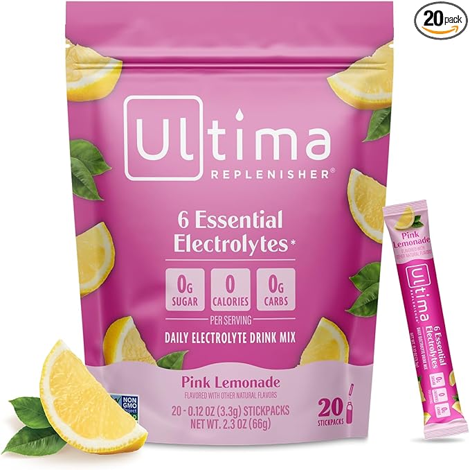 Ultima Replenisher Daily Electrolyte Powder – Pink Lemonade, 20 Stickpacks – Zero Sugar Hydration Packets with 6 Electrolytes and Minerals – Sugar Free, Plant Based & Keto Friendly Drink Mix