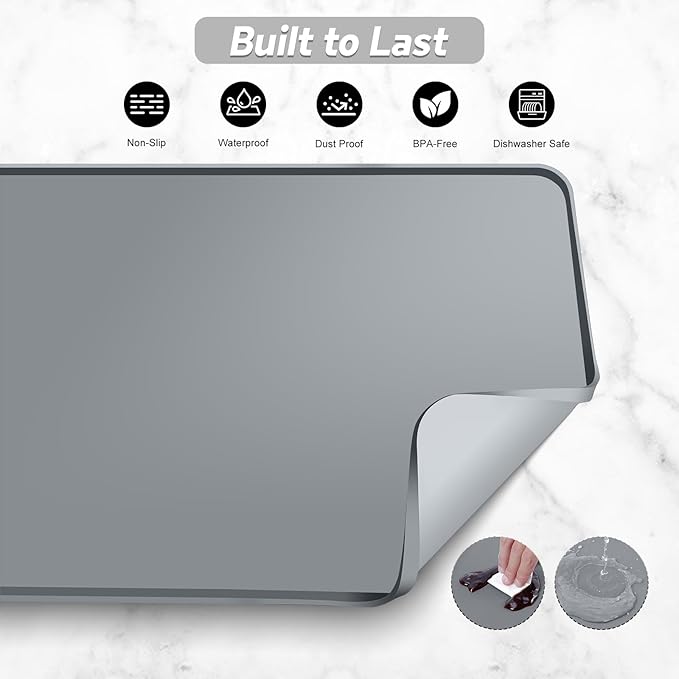 Garolue Silicone Coffee Mat,24"×16" Waterproof Heat Resistant Bar Mat for Espresso Machine Station Accessories,Non Slip Dish Drying Mat for Kitchen Counter,Home Decor Essentials,Grey