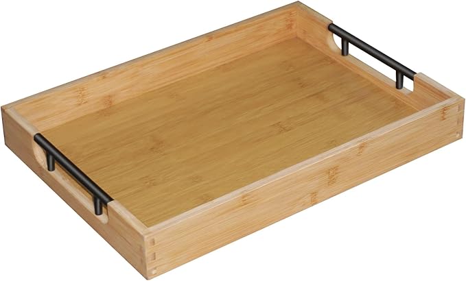 Krismax Wooden Serving Tray with Handles, Serving Platter 15.7x11.4 Inch Food Drinks Tray for Coffee Table,Decorative Storage Tray for Entertaining, Breakfast Tray in Bed,Lunch,Dinner,BBQ(Bamboo)