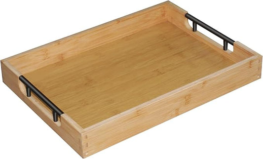 Krismax Wooden Serving Tray with Handles, Serving Platter 15.7x11.4 Inch Food Drinks Tray for Coffee Table,Decorative Storage Tray for Entertaining, Breakfast Tray in Bed,Lunch,Dinner,BBQ(Bamboo)
