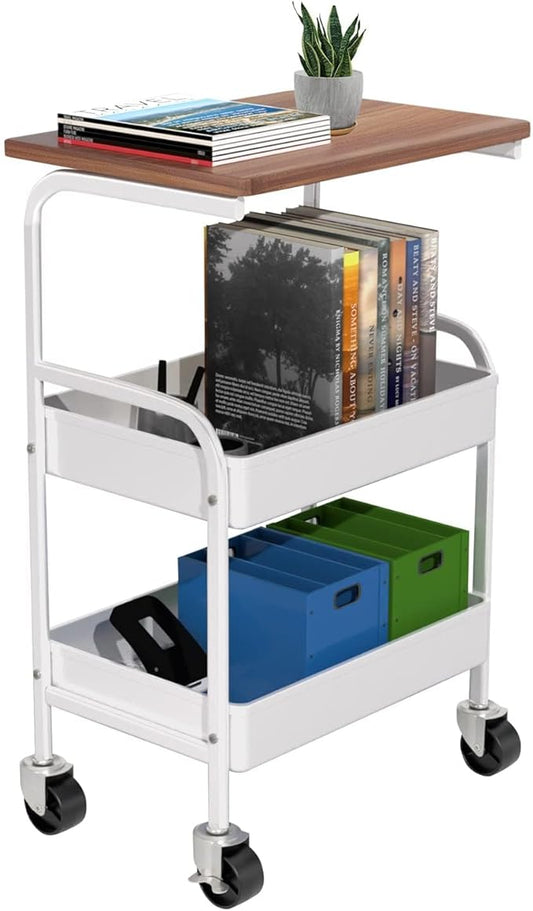 Rolling Cart with Wooden Tabletop, 3 Tier Metal Utility Cart, Rolling Storage Organizer Cart with Lockable Wheels for Kitchen, Office, Bedroom (White)