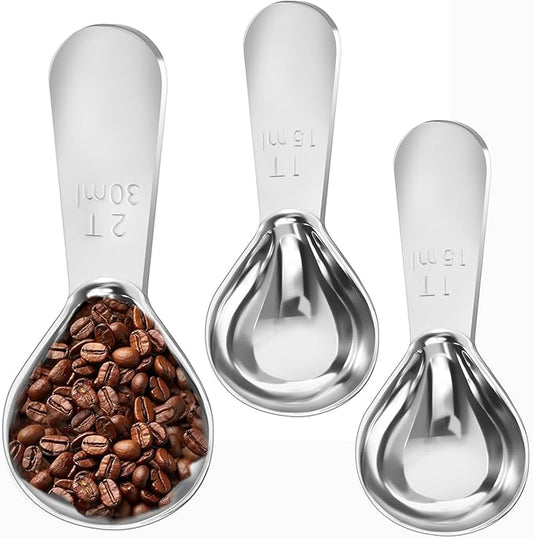 Stainless Steel Coffee Scoop Set - 3 Pc Measuring Spoons (1 Tbsp & 2 Tbsp Scoop) for Ground Coffee, Tea, Sugar Or Flour, Short Handles